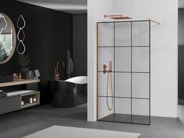 Mexen Kioto, sprchová zástěna Walk-In 100 x 200 cm, 8mm čiré sklo černý vzor, ​​měděný matný profil, 800-100-101-65-77