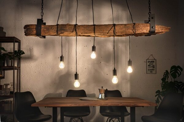 Industriální závěsná lampa Barracuda z masivního dřeva a kovu 152cm