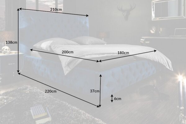 Chesterfield manželská postel Kreon v modrém sametovém potahu na matraci 180x200cm
