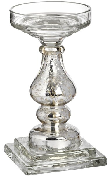 Designový skleněný stojan na svíčku Galis s klasicky tvarovanou siluetou ve stříbrné barvě se zlatou patinou 24 cm