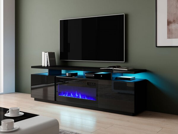 TV skříňka Aniceto s krbem, Osvětlení: osvětlení LED, Barva: černý / černý lesk, Krb: černý Mirjan24 5903211132131