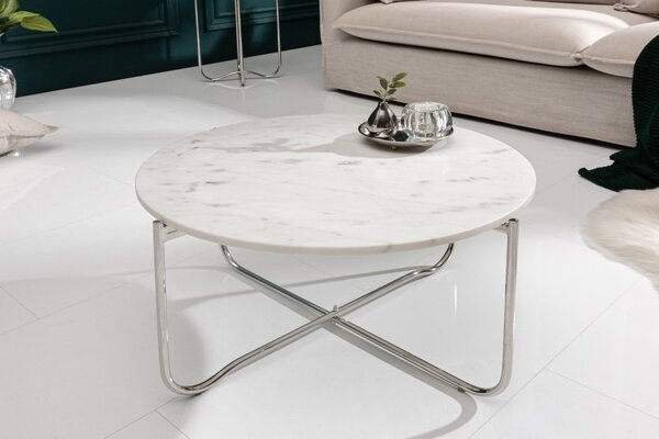 Art-deco bílý kruhový konferenční stolek Jaspis s mramorovou deskou a nohami z kovu 62cm