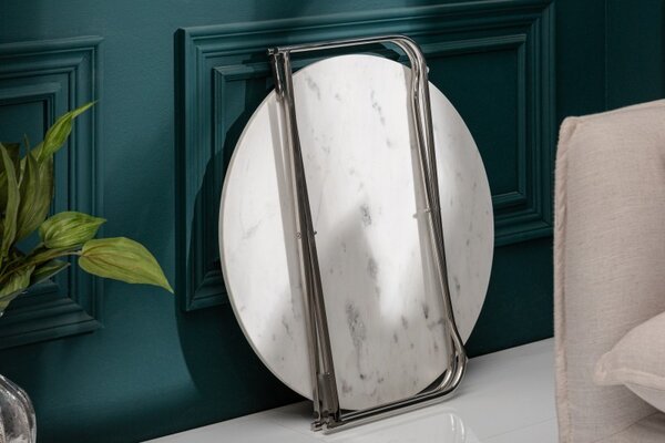 Art-deco bílý kruhový konferenční stolek Jaspis s mramorovou deskou a nohami z kovu 62cm