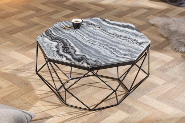 Art-deco stylový konferenční stolek Adamantino s šedou mramorovou deskou a černou konstrukcí 69cm