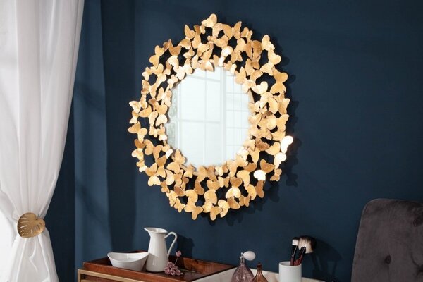 Art-deco nadčasové kulaté nástěnné zrcadlo Papillon v rámu zlaté barvy 78cm