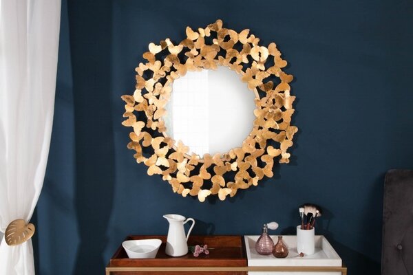 Art-deco nadčasové kulaté nástěnné zrcadlo Papillon v rámu zlaté barvy 78cm