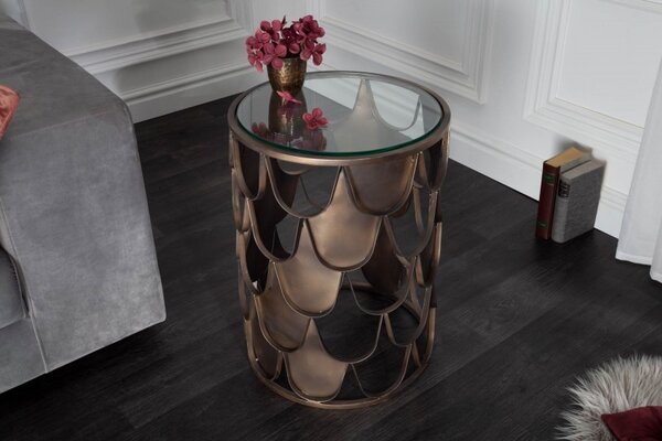 Art-deco bronzový příruční stolek Escama s kruhovou deskou ze skla a motivem šupin 40cm