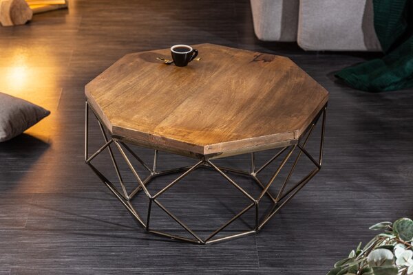 Art-deco jedinečný konferenční stolek Adamantino s dřevěnou deskou a kovovou konstrukcí ve tvaru diamantu 69cm