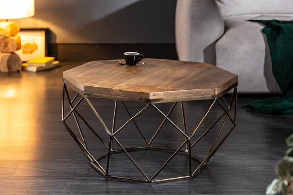 Art-deco jedinečný konferenční stolek Adamantino s dřevěnou deskou a kovovou konstrukcí ve tvaru diamantu 69cm