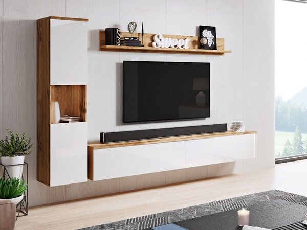 Obývací stěna Bamisio BR, Barva: bílá / bílý lesk, Osvětlení: bez osvětlení 5903211124204