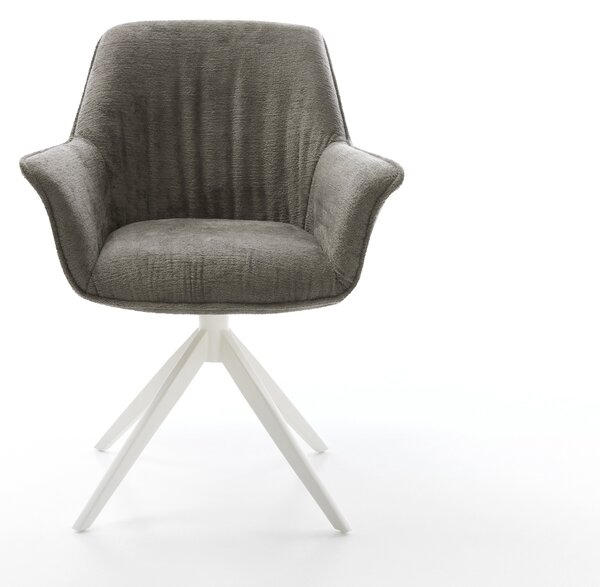 DELIFE Jídelní židle Keila-Flex s područkami bouclé měkký tmavě béžová křížová podnož široká bílá 360° otočný houpací funkce