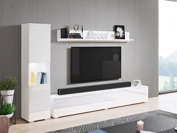 Obývací stěna Bamisio BR, Barva: bílá / bílý lesk, Osvětlení: bez osvětlení 5903211124204