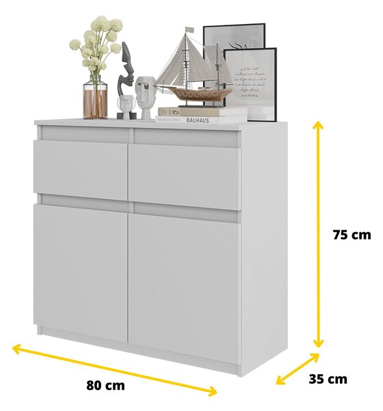 Komoda 80 cm, matná bílá, 2 zásuvky, 2 dvířka, 2 police, obývací pokoj