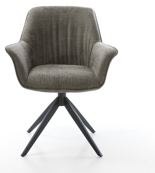 DELIFE Jídelní židle Keila-Flex s područkami bouclé měkký tmavě béžová křížová podnož široká černá 360° otočný houpací funkce