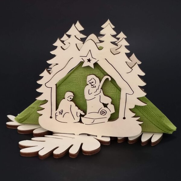 AMADEA Dřevěný stojánek na ubrousky s vánočním motivem betléma, velikost 10 cm