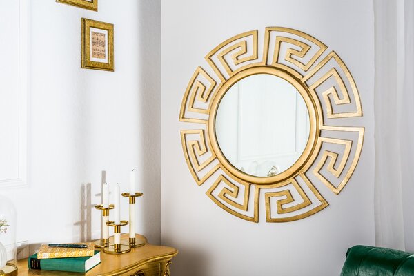 Art deco kulaté nástěnné zrcadlo Euphoria se zlatým kovovým rámem s geometrickým vzorem a hladkým lesklým povrchem 85 cm