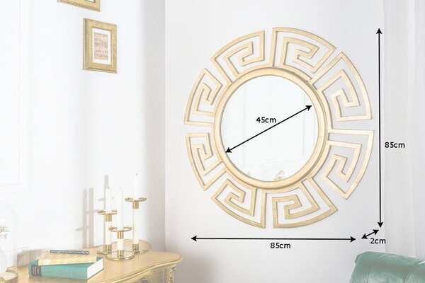 Art deco kulaté nástěnné zrcadlo Euphoria se zlatým kovovým rámem s geometrickým vzorem a hladkým lesklým povrchem 85 cm