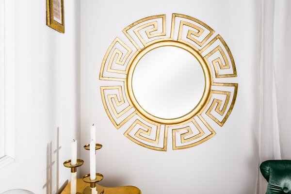 Art deco kulaté nástěnné zrcadlo Euphoria se zlatým kovovým rámem s geometrickým vzorem a hladkým lesklým povrchem 85 cm