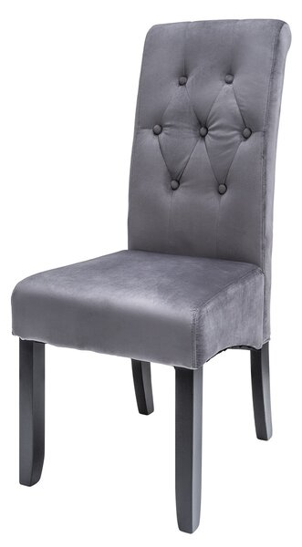 Moderní šedá sametová jídelní židle Valentino s prošívaným vysokým opěradlem s knoflíky a černými nožička 108 cm