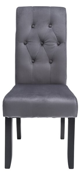 Moderní šedá sametová jídelní židle Valentino s prošívaným vysokým opěradlem s knoflíky a černými nožička 108 cm