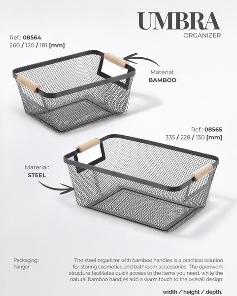 BISK Erga Plain, drátěný košík na kosmetiku 335x228x130 mm, černá matná-hnědá, ERG-08565