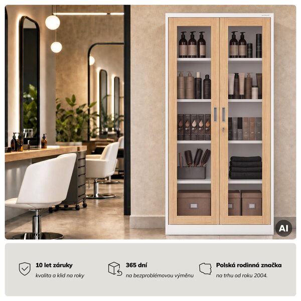 Kovová skříň s vitrínou bílá, dub sonoma, 900x1850x400 mm: AMELIA Eco Design