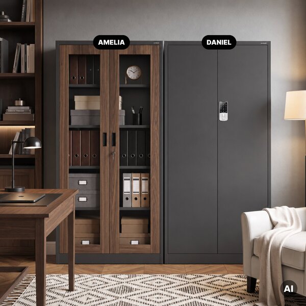 Kovová skříň s vitrínou antracitová, ořech, 900x1850x400 mm: AMELIA Eco Design