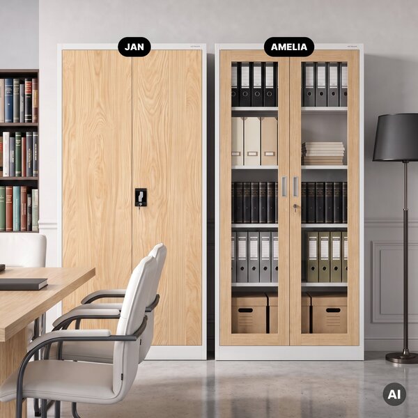 Kovová skříň s vitrínou bílá, dub sonoma, 900x1850x400 mm: AMELIA Eco Design