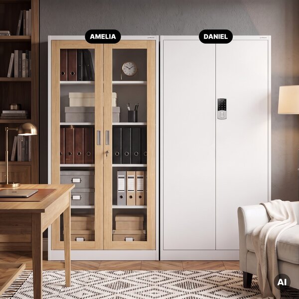 Kovová skříň s vitrínou bílá, dub sonoma, 900x1850x400 mm: AMELIA Eco Design