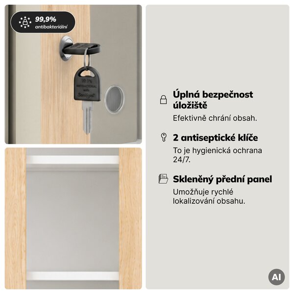 Kovová skříň s vitrínou bílá, dub sonoma, 900x1850x400 mm: AMELIA Eco Design