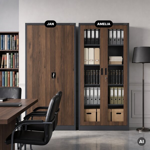 Kovová skříň s vitrínou antracitová, ořech, 900x1850x400 mm: AMELIA Eco Design