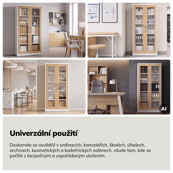 Kovová skříň s vitrínou bílá, dub sonoma, 900x1850x400 mm: AMELIA Eco Design