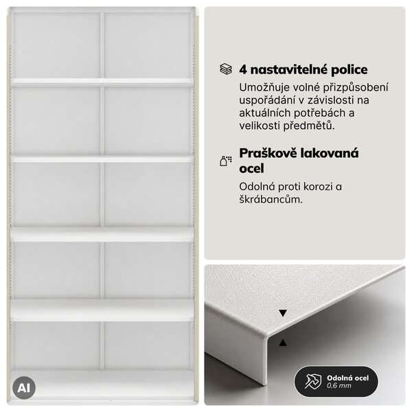 Kovová skříň s vitrínou bílá, dub sonoma, 900x1850x400 mm: AMELIA Eco Design