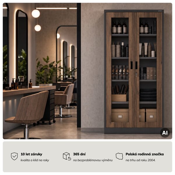 Kovová skříň s vitrínou antracitová, ořech, 900x1850x400 mm: AMELIA Eco Design