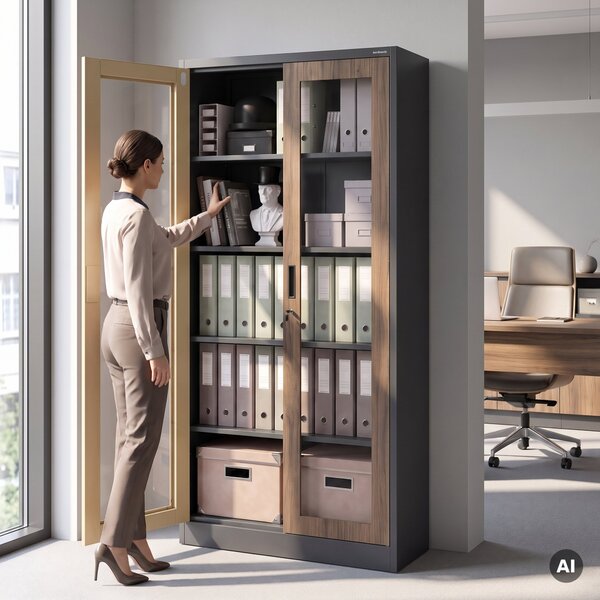 Kovová skříň s vitrínou antracitová, ořech, 900x1850x400 mm: AMELIA Eco Design