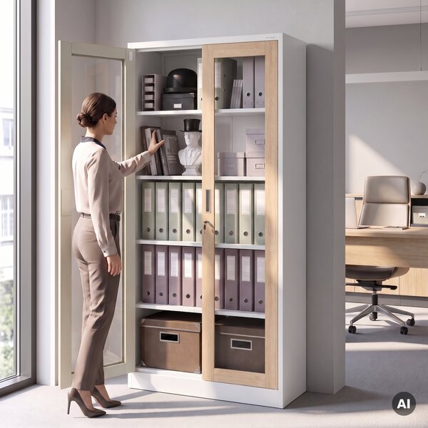 Kovová skříň s vitrínou bílá, dub sonoma, 900x1850x400 mm: AMELIA Eco Design