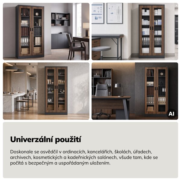 Kovová skříň s vitrínou antracitová, ořech, 900x1850x400 mm: AMELIA Eco Design