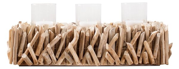 Etno hnědý obdélníkový dřevěný svícen Isaal s naplaveným dřevem a třemi skleněnými držáky na svíčky 50 cm