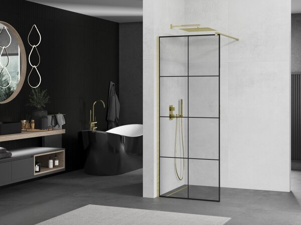 Mexen Kioto, sprchová zástěna Walk-In 80 x 200 cm, 8mm čiré sklo černý vzor, ​​zlatý matný profil, 800-080-101-55-77