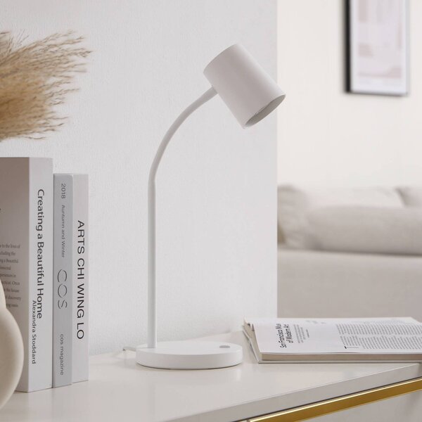 Lindby Stolní lampa Radka, bílá, plast, GU10, ohebné rameno, Bílá / opál, Pracovna / kancelář, Plast, Moderní
