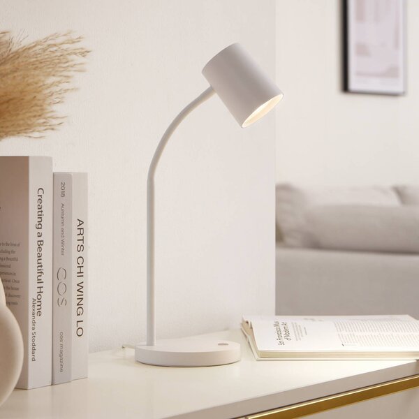 Lindby Stolní lampa Radka, bílá, plast, GU10, ohebné rameno, Bílá / opál, Pracovna / kancelář, Plast, Moderní
