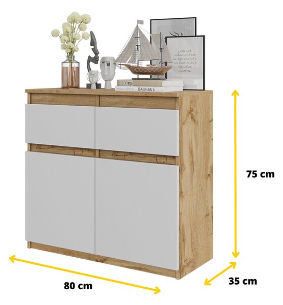 Komoda, šířka 80 cm, Imitace dub Wotan / bílá matná, 2 zásuvky, 2 dvířka, 2 vnitřní police, vhodná do obývacího pokoje