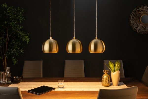 Designová moderní závěsná lampa Amaris s obdélníkovou krytinou a třemi kulatými stínítky zlatá 65 cm