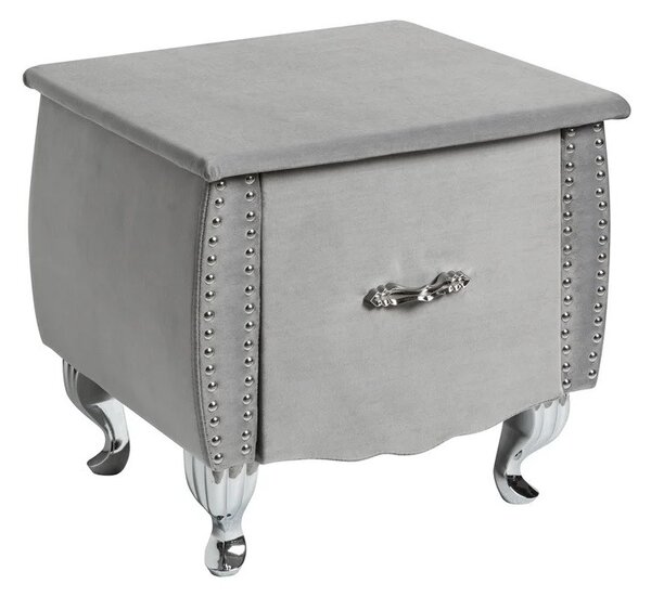 Designový glamour noční stolek Caledonia se zásuvkou a šedým sametovým potahem a chromovými kabriolovými nohama 47 cm