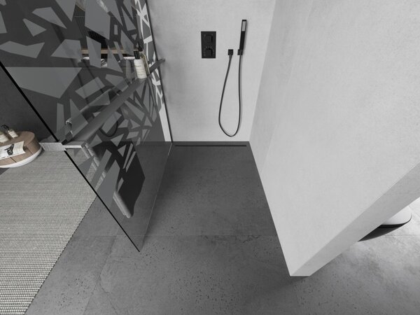 Mexen Kioto+, sprchová zástěna Walk-In s poličkou a věšákem 70 x 200 cm, 8mm čiré sklo bílý vzor, ​​grafitový profil, 800-070-121-66-85