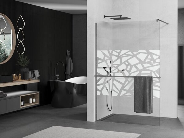 Mexen Kioto+, sprchová zástěna Walk-In s poličkou a věšákem 70 x 200 cm, 8mm čiré sklo bílý vzor, ​​grafitový profil, 800-070-121-66-85