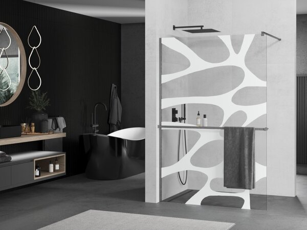 Mexen Kioto+, sprchová zástěna Walk-In s poličkou a věšákem 70 x 200 cm, 8mm čiré sklo bílý vzor, ​​grafitový profil, 800-070-121-66-97