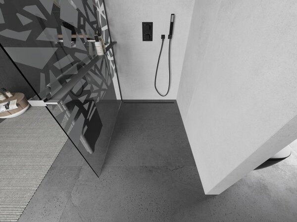 Mexen Kioto+, sprchová zástěna Walk-In s poličkou a věšákem 110 x 200 cm, 8mm čiré sklo bílý vzor, ​​grafitový profil, 800-110-121-95-85