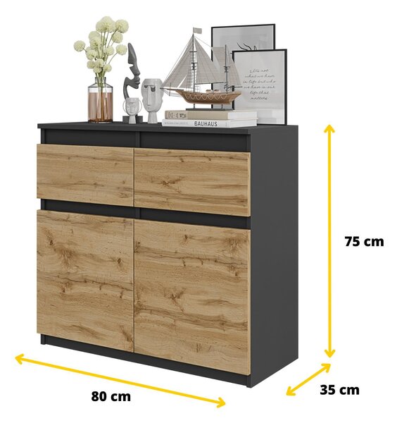 Komoda Noah – antracit / dub Wotan, 2 zásuvky, 2 dvířka, 2 police, 80 cm – příborník do obývacího pokoje