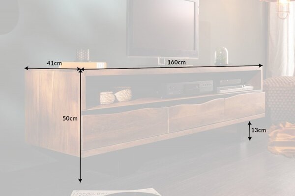 Designový TV stolek s třemi zásuvkami z masivu Mammut hnědý 160cm